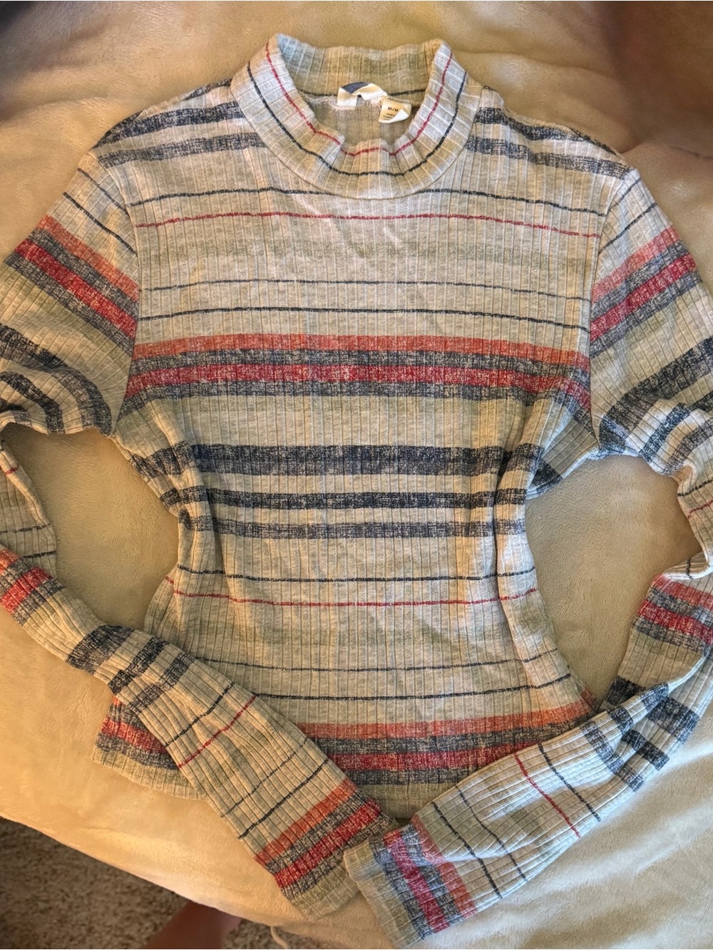 Roxy Cream Ribbed Mock-Neck Long Sleeve Top with Red & Blue Stripes
